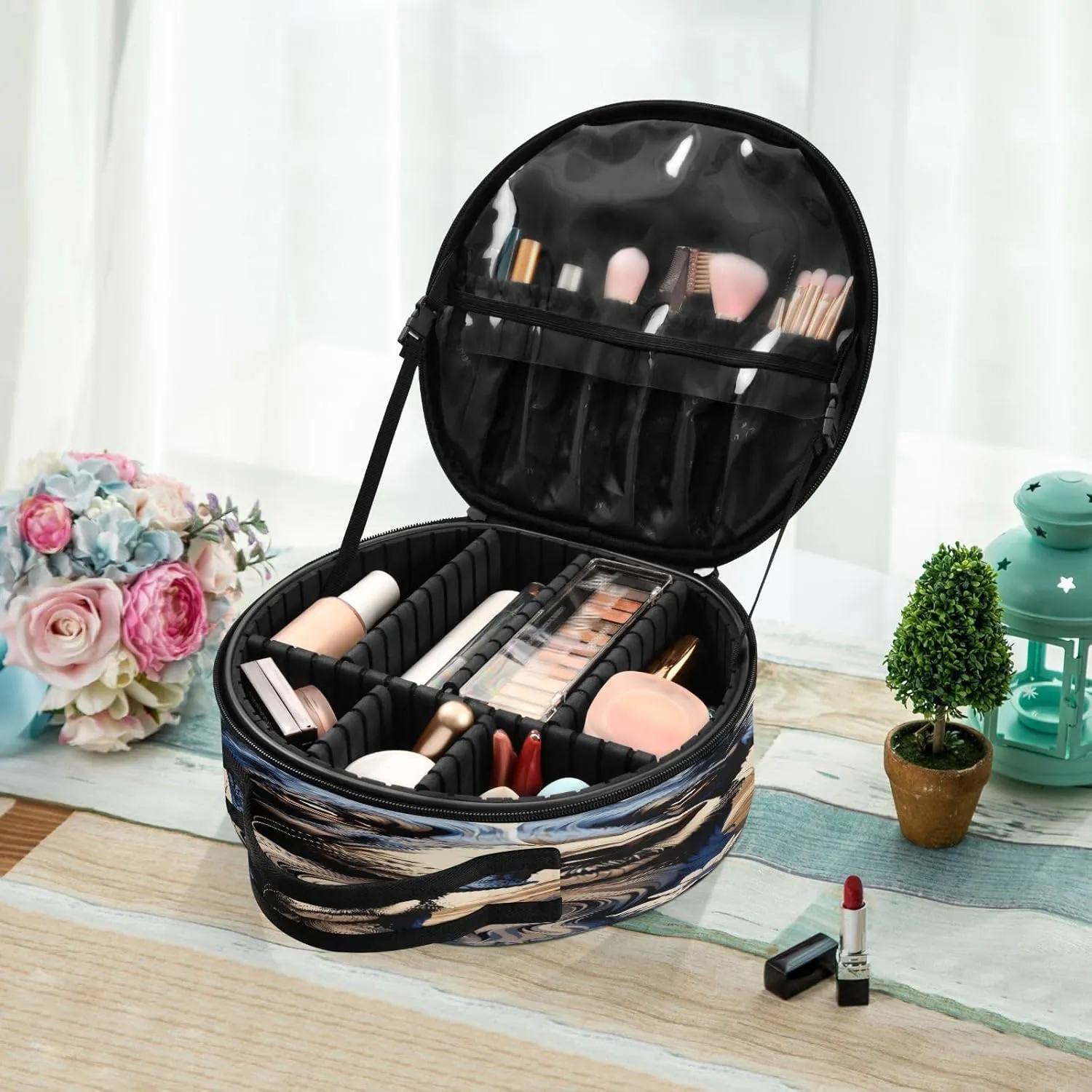 senya Round Cosmetic Pouch Travel Makeup Train Case Black Dog Makeup Organizer Bag with Adjustable Dividers Portable for Cosmetics Makeup Brushes Toiletry Jewelry Accessories