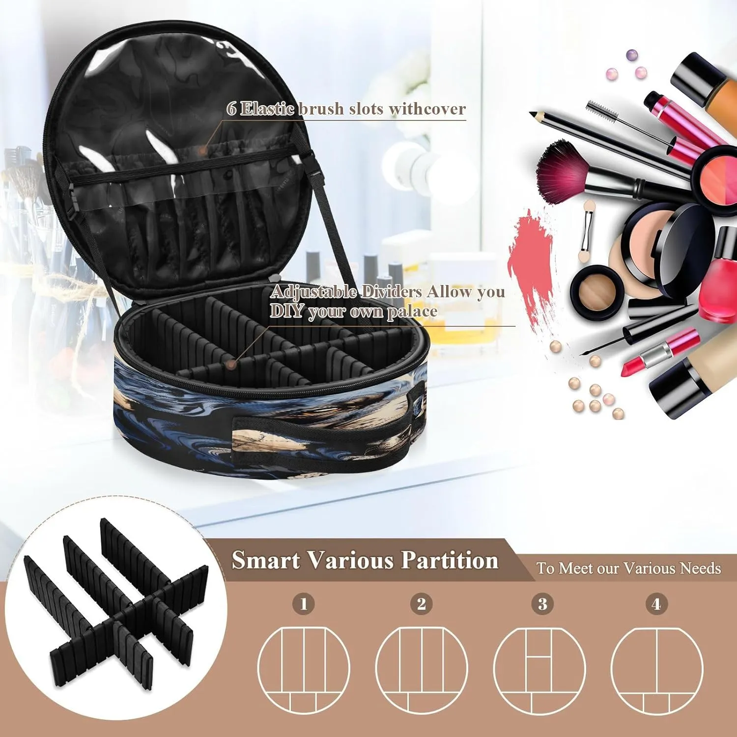 senya Round Cosmetic Pouch Travel Makeup Train Case Black Dog Makeup Organizer Bag with Adjustable Dividers Portable for Cosmetics Makeup Brushes Toiletry Jewelry Accessories