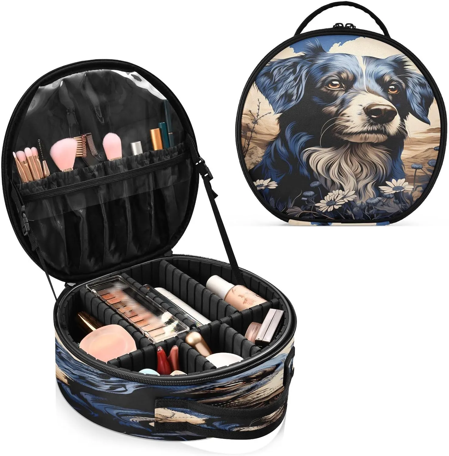 senya Round Cosmetic Pouch Travel Makeup Train Case Black Dog Makeup Organizer Bag with Adjustable Dividers Portable for Cosmetics Makeup Brushes Toiletry Jewelry Accessories