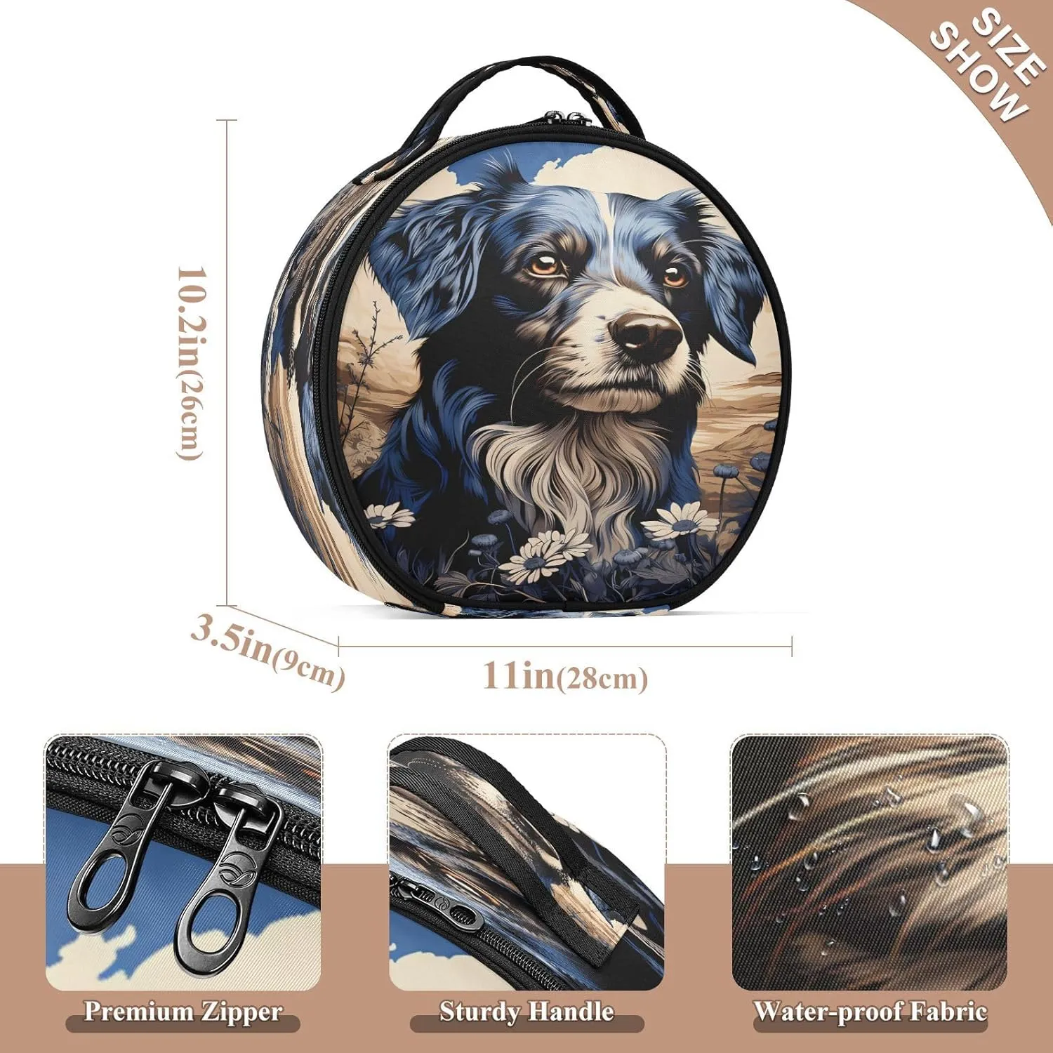 senya Round Cosmetic Pouch Travel Makeup Train Case Black Dog Makeup Organizer Bag with Adjustable Dividers Portable for Cosmetics Makeup Brushes Toiletry Jewelry Accessories