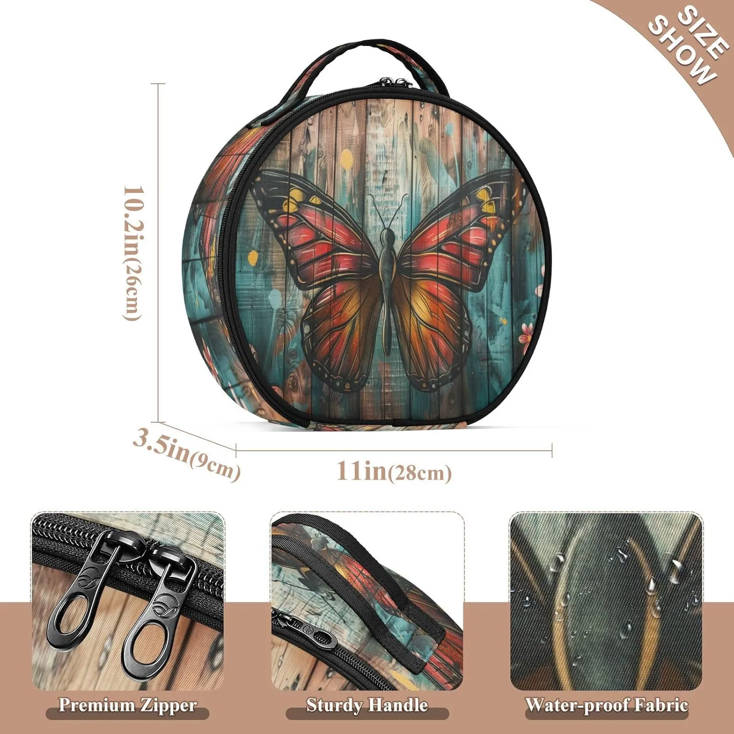 senya Round Cosmetic Pouch Travel Makeup Train Case Butterfly Wooden Makeup Organizer Bag with Adjustable Dividers Portable for Cosmetics Makeup Brushes Toiletry Jewelry Accessories