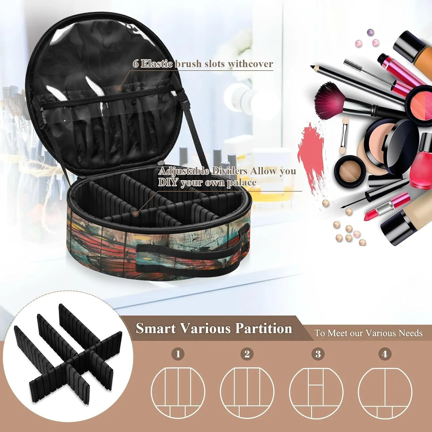 senya Round Cosmetic Pouch Travel Makeup Train Case Butterfly Wooden Makeup Organizer Bag with Adjustable Dividers Portable for Cosmetics Makeup Brushes Toiletry Jewelry Accessories