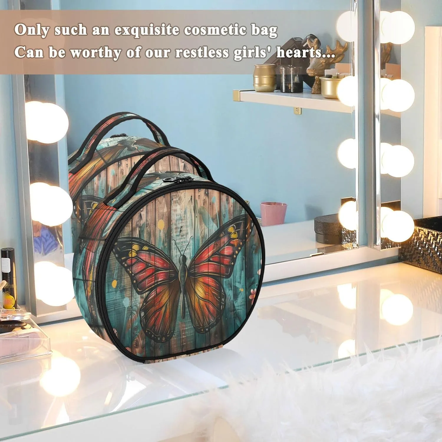 senya Round Cosmetic Pouch Travel Makeup Train Case Butterfly Wooden Makeup Organizer Bag with Adjustable Dividers Portable for Cosmetics Makeup Brushes Toiletry Jewelry Accessories