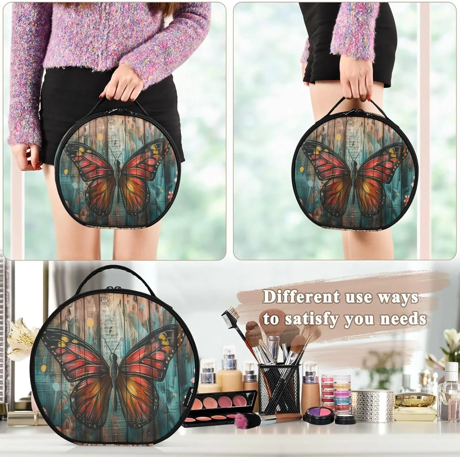 senya Round Cosmetic Pouch Travel Makeup Train Case Butterfly Wooden Makeup Organizer Bag with Adjustable Dividers Portable for Cosmetics Makeup Brushes Toiletry Jewelry Accessories