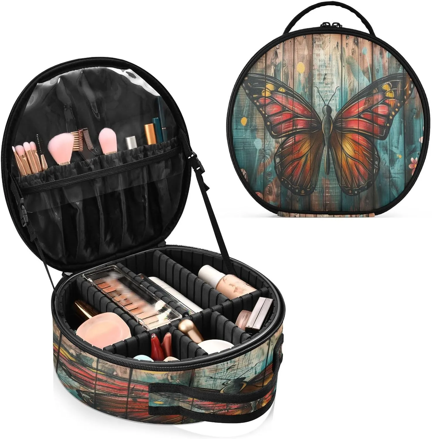 senya Round Cosmetic Pouch Travel Makeup Train Case Butterfly Wooden Makeup Organizer Bag with Adjustable Dividers Portable for Cosmetics Makeup Brushes Toiletry Jewelry Accessories