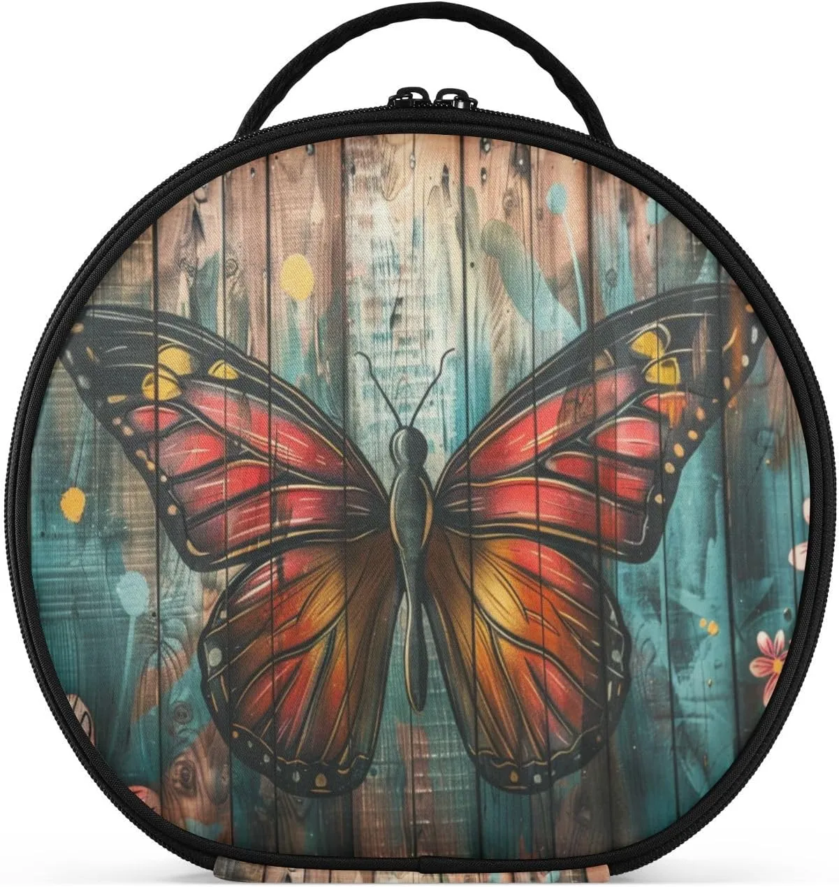 senya Round Cosmetic Pouch Travel Makeup Train Case Butterfly Wooden Makeup Organizer Bag with Adjustable Dividers Portable for Cosmetics Makeup Brushes Toiletry Jewelry Accessories