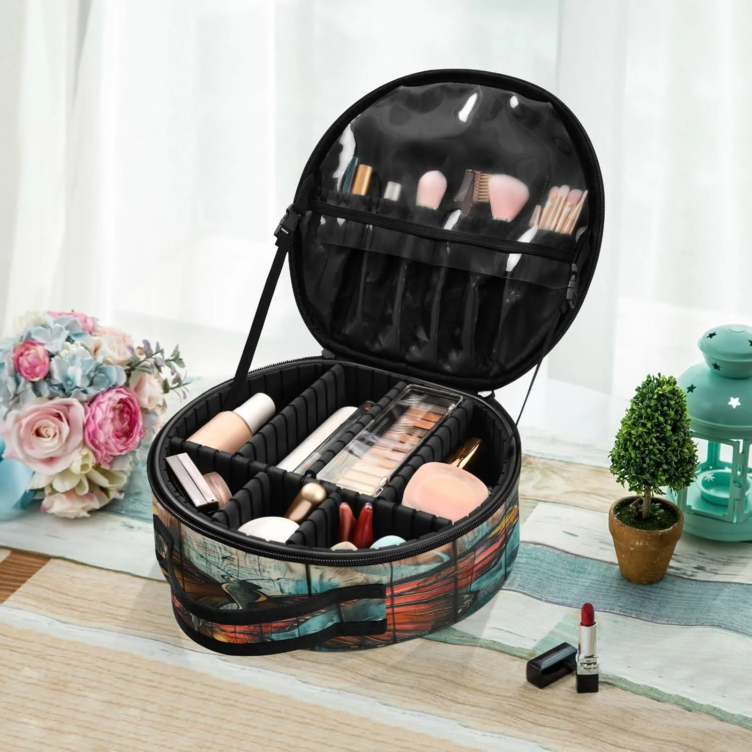senya Round Cosmetic Pouch Travel Makeup Train Case Butterfly Wooden Makeup Organizer Bag with Adjustable Dividers Portable for Cosmetics Makeup Brushes Toiletry Jewelry Accessories