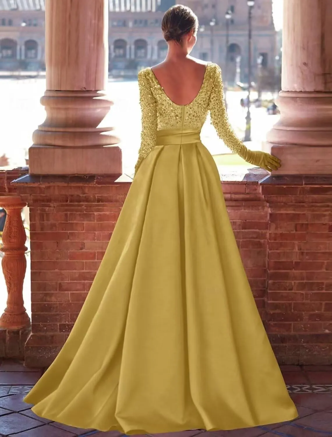 Sequin Long Sleeve Mother of The Bride Dress for Women Satin Ball Formal Evening Gown with Slit Prom Dresses