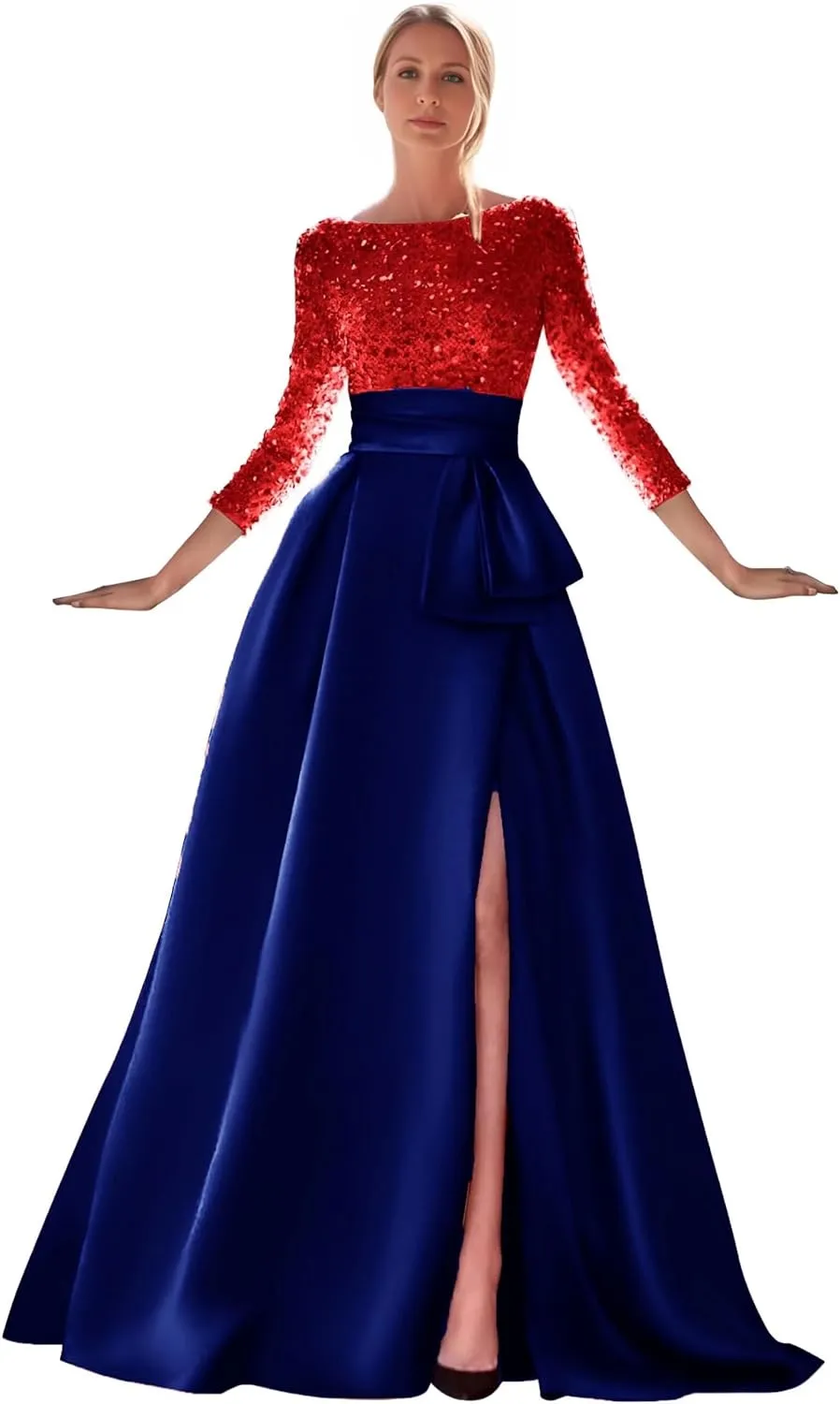Sequin Long Sleeve Mother of The Bride Dress for Women Satin Ball Formal Evening Gown with Slit Prom Dresses