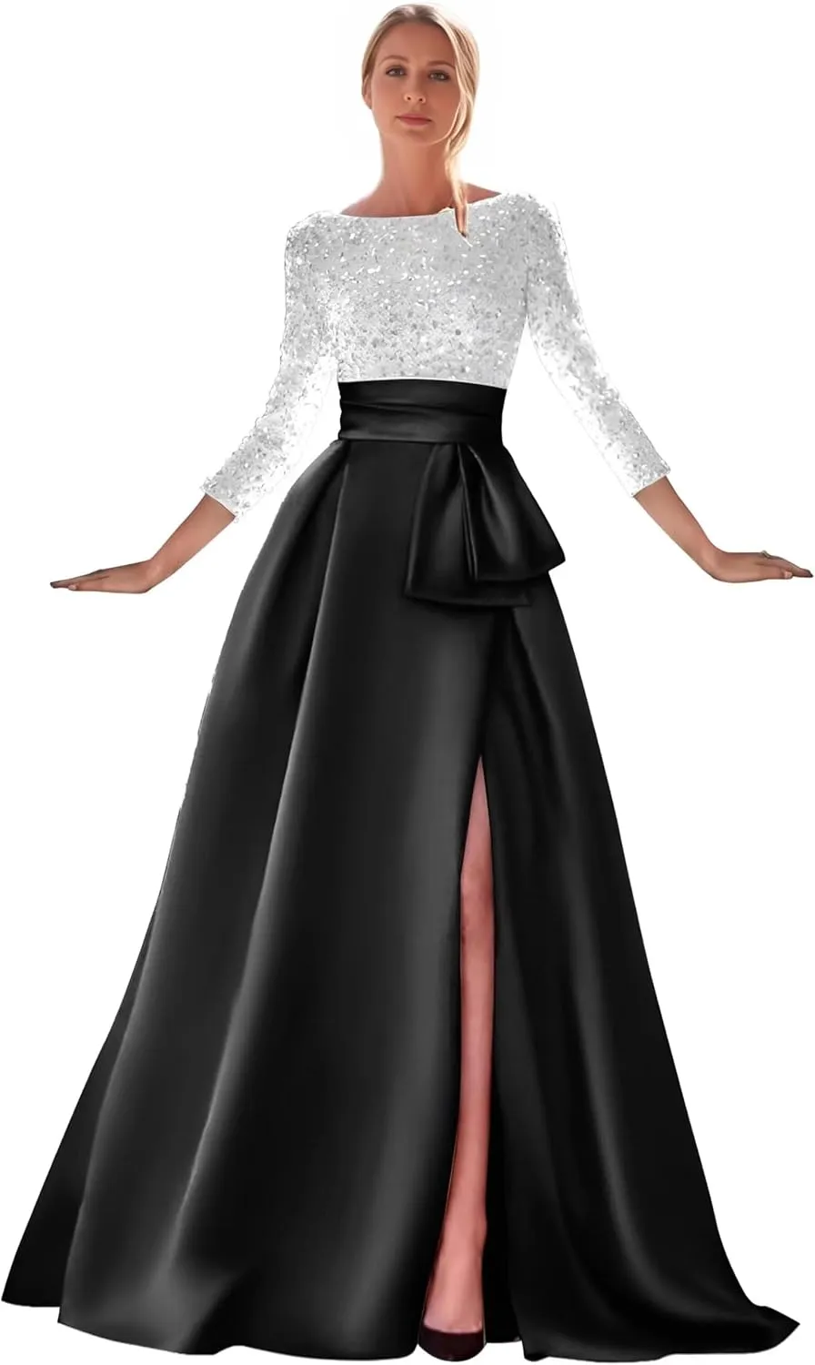 Sequin Long Sleeve Mother of The Bride Dress for Women Satin Ball Formal Evening Gown with Slit Prom Dresses