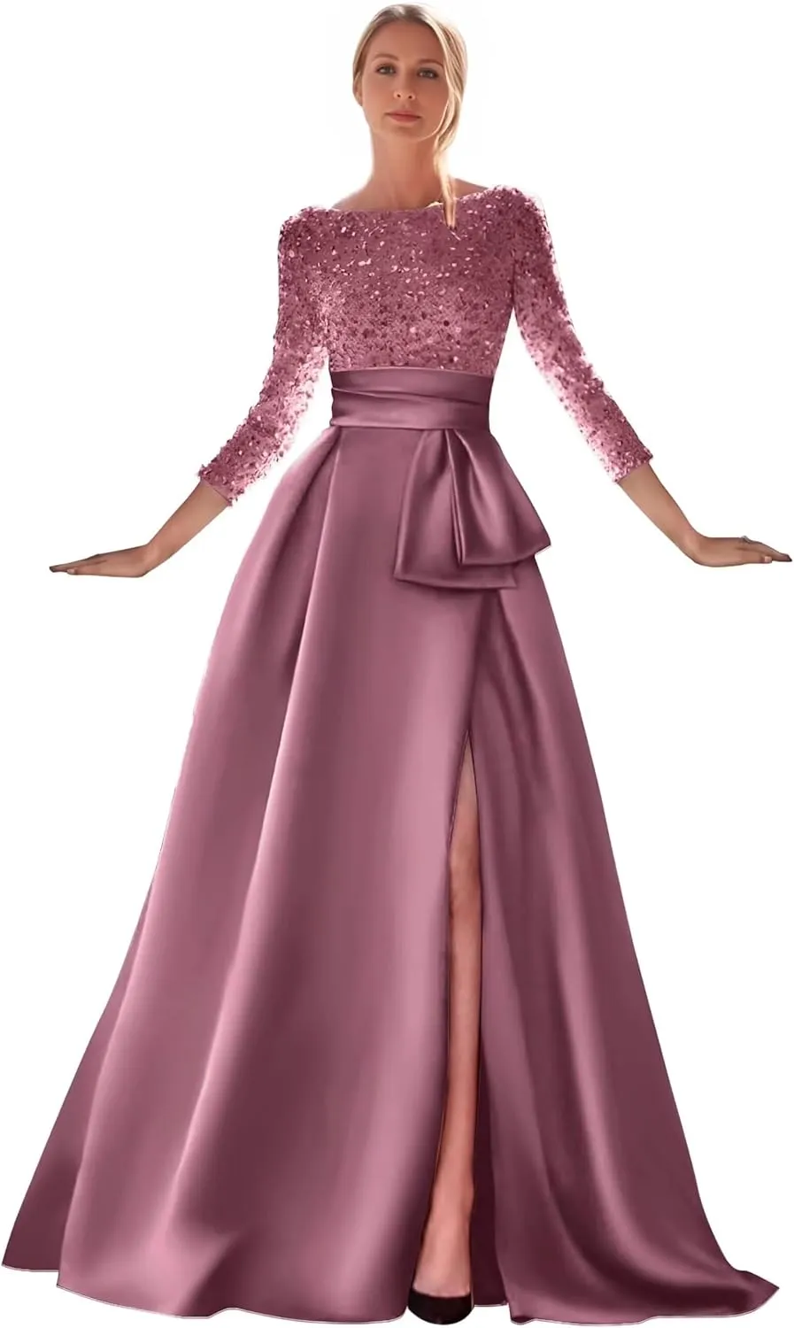 Sequin Long Sleeve Mother of The Bride Dress for Women Satin Ball Formal Evening Gown with Slit Prom Dresses