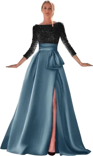Sequin Long Sleeve Mother of The Bride Dress for Women Satin Ball Formal Evening Gown with Slit Prom Dresses