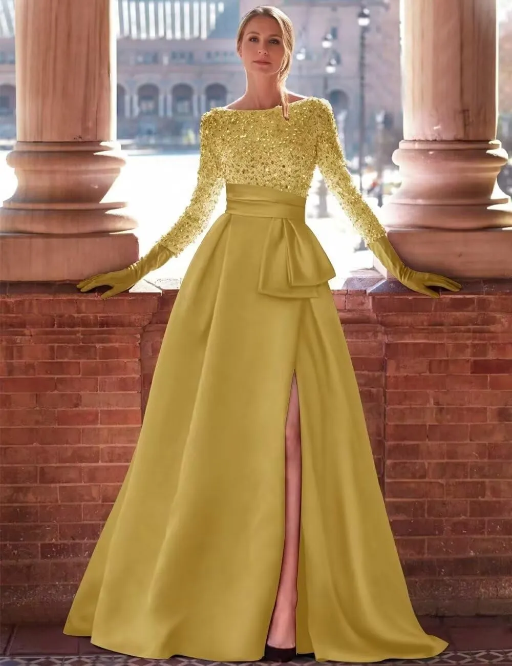 Sequin Long Sleeve Mother of The Bride Dress for Women Satin Ball Formal Evening Gown with Slit Prom Dresses