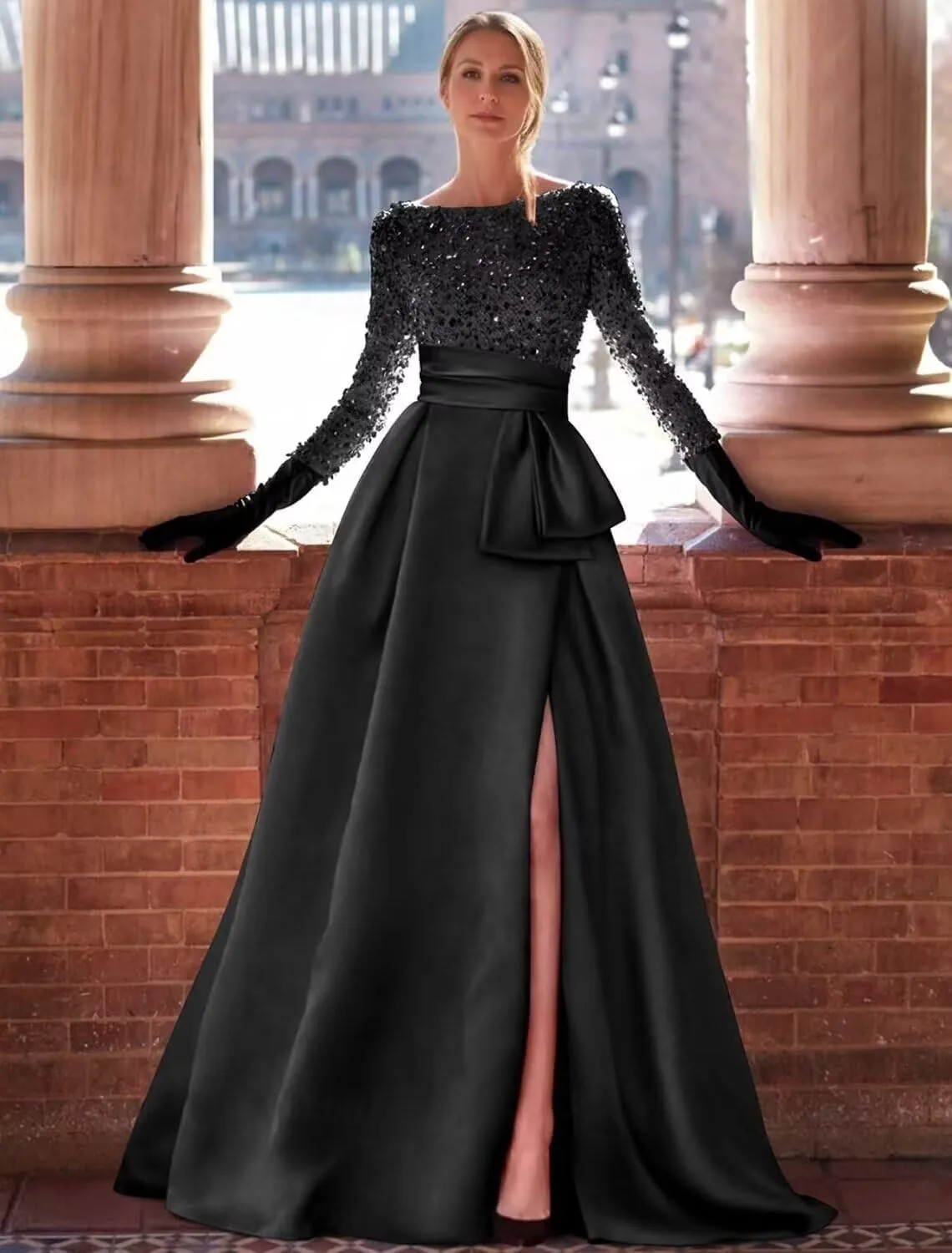 Sequin Long Sleeve Mother of The Bride Dress for Women Satin Ball Formal Evening Gown with Slit Prom Dresses