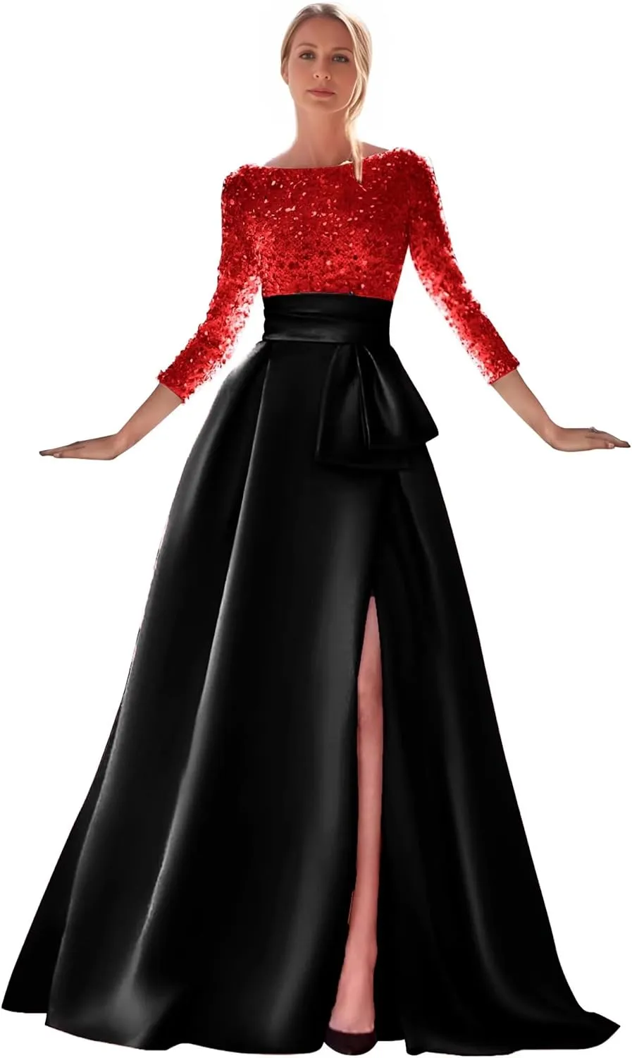 Sequin Long Sleeve Mother of The Bride Dress for Women Satin Ball Formal Evening Gown with Slit Prom Dresses