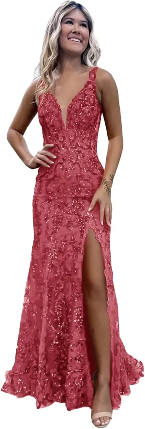 Sequin Prom Dresses 2025 for Women Long Mermaid V Neck Evening Dress Straps Side Slit Party Gown