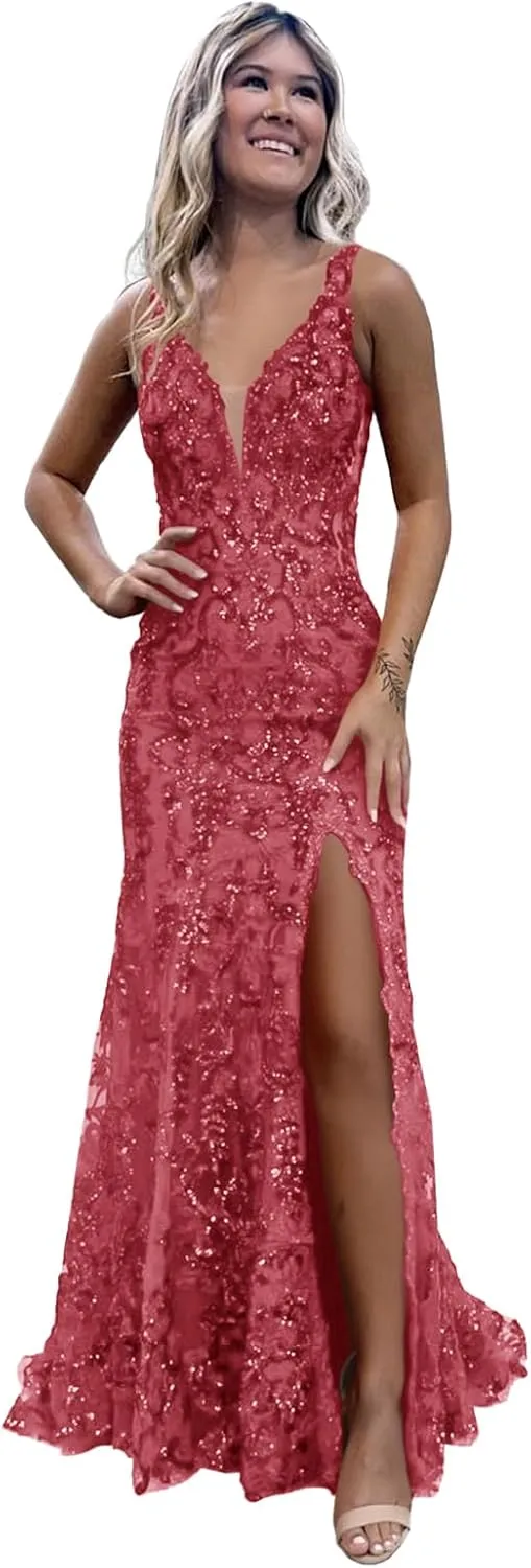 Sequin Prom Dresses 2025 for Women Long Mermaid V Neck Evening Dress Straps Side Slit Party Gown