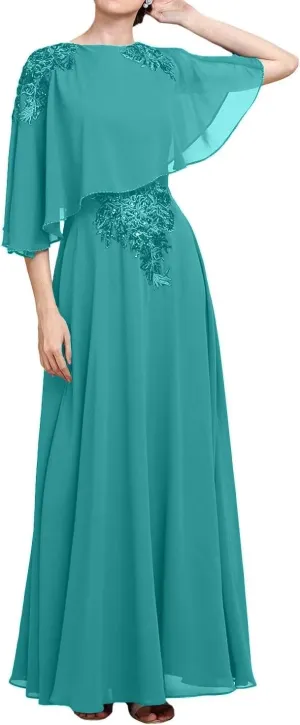 Sequins Lace Applique Flutter Chiffon Mother of The Bride Dresses with Capelet Mother of The Groom Dress for Wedding