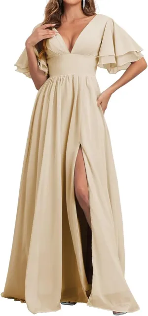Short Sleeves Bridesmaid Dresses for Wedding V Neck Chiffon Formal Evening Party Prom Maxi Gown with Slit AN379
