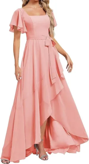 Short Sleeves Mother of The Bridal Gown Chiffon Bridesmaid Dress High Low Prom Formal Evening Maxi Gowns EZ121