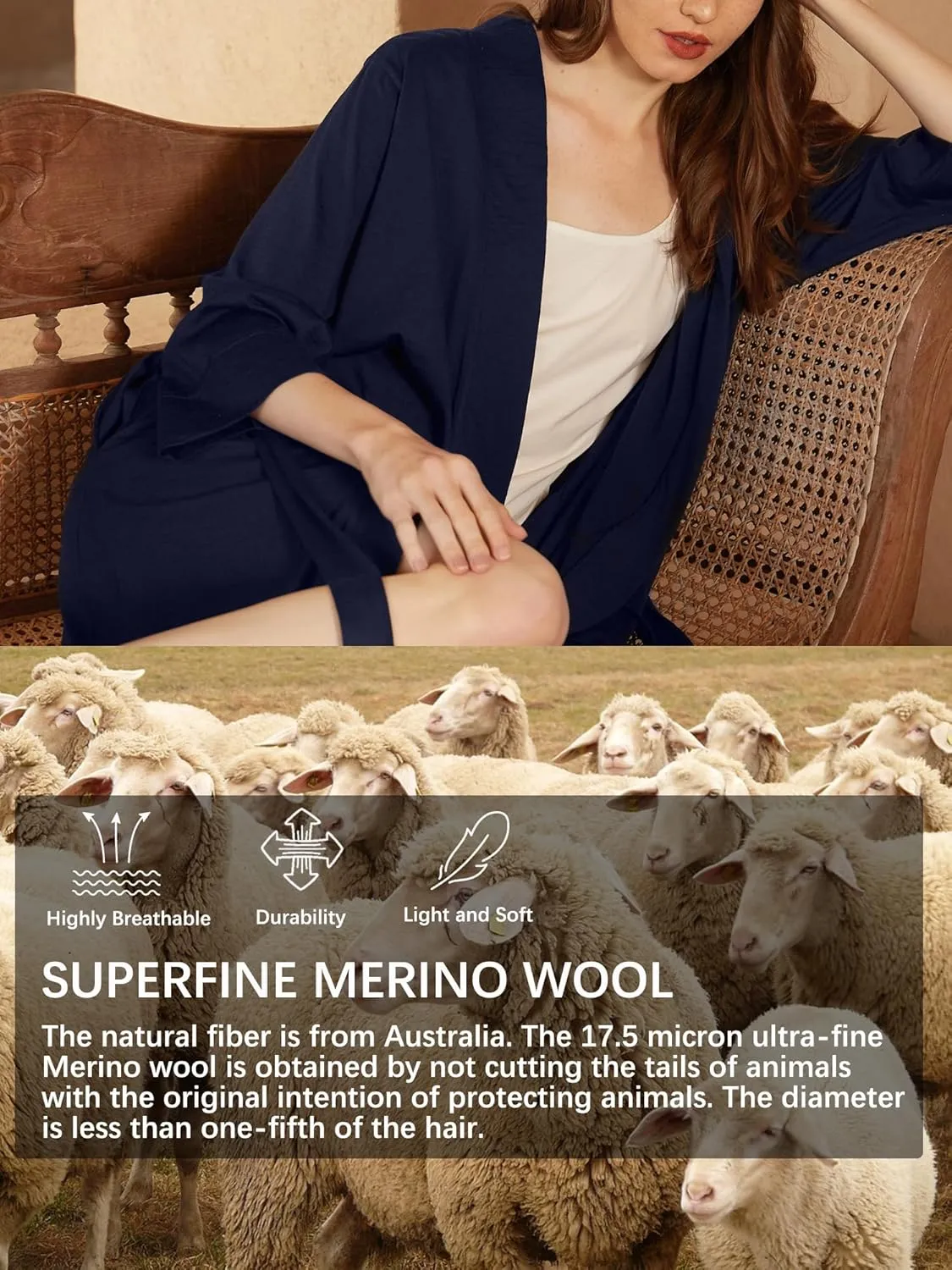 SIORO Women's Wool Robe, Short Bathrobe, Lightweight Loungewear with Pockets, Plus Size Sleepwear for Spa, Resort & Hotel