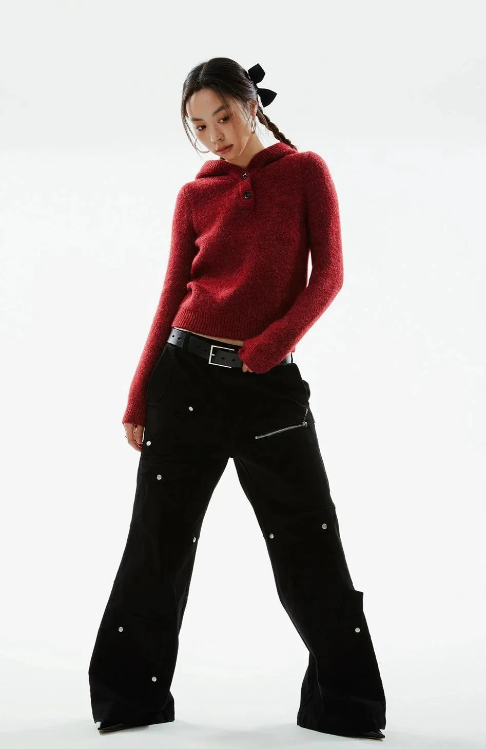 Skinny Ribbed Trim Half Button Knit Hoodie