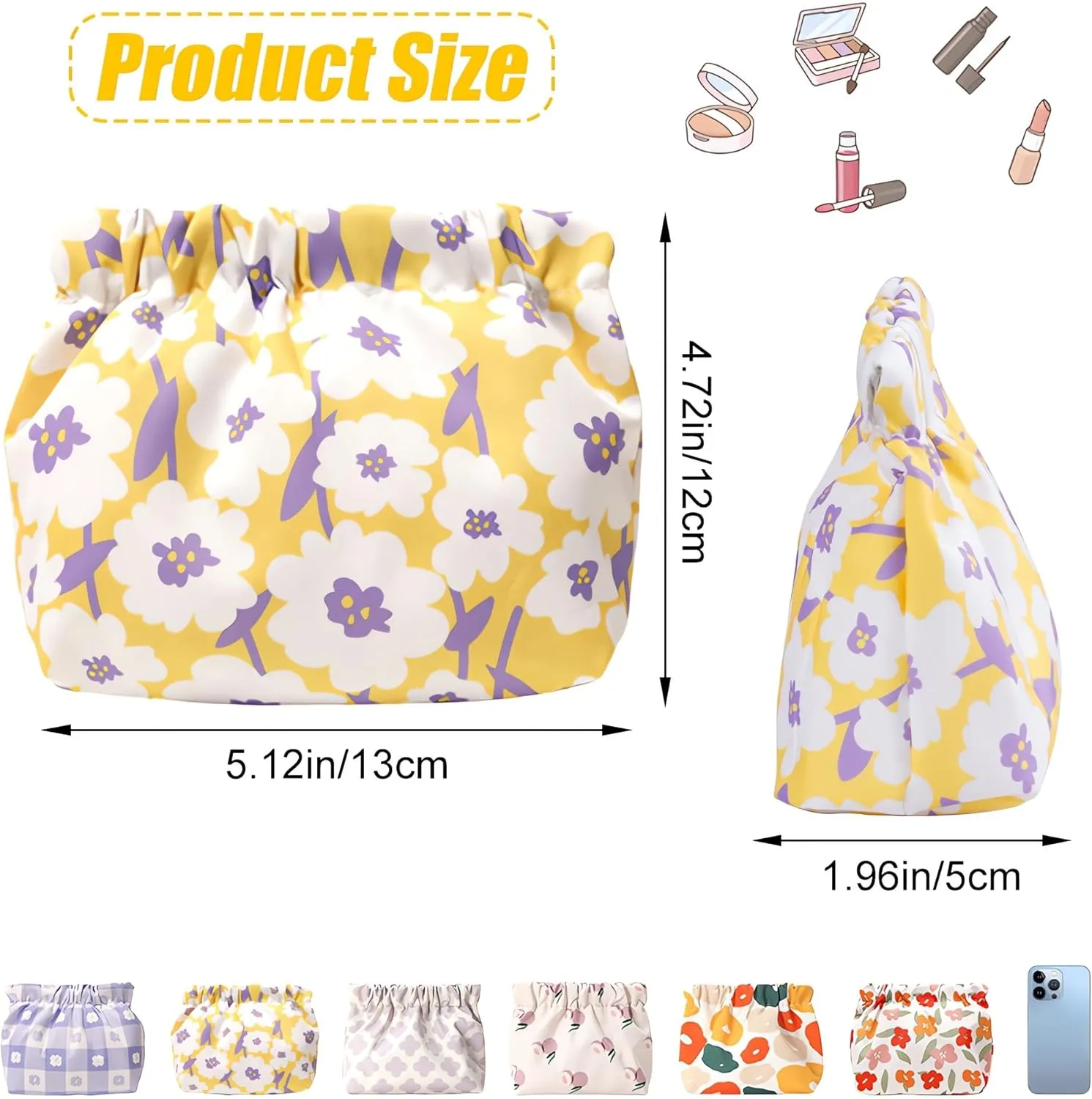 Small Makeup Bag, 6PCS Mini Cosmetic Bag for Purse, Waterproof Portable Cute Printed Travel Makeup Pouch, No Zipper Self-Closing Purse Organizer Bag for Lipstick Headphones Jewelry