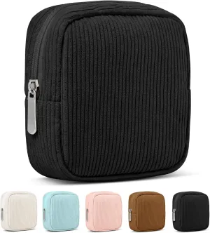 Small Makeup Bag for Purse  Mini Corduroy Cosmetic Pouch with Metal Zipper, Compact Travel Essentials Bag for Cosmetics, Jewelry, Cables  Cute and Vintage Design, Perfect for Gift Giving, Black