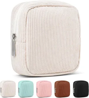 Small Makeup Bag for Purse  Mini Travel Cosmetic Pouch with Metal Zipper, Compact Corduroy Mini Makeup Bag for Cosmetics, Jewelry, Cables  Cute and Vintage Design, Beige