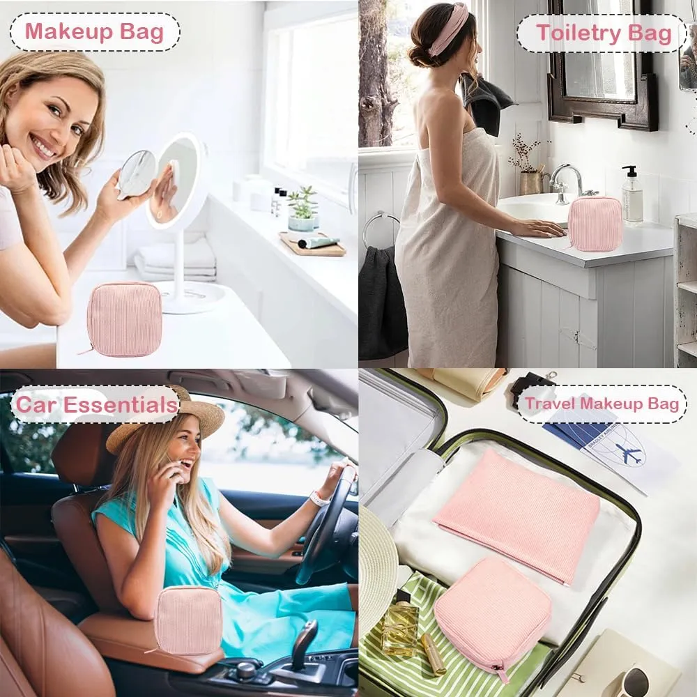 Small Makeup Bag for Women, Mini Corduroy Cosmetic Bag Zipper Cute Travel Toiletry Essentials Bag Makeup Pouch for Purse Makeup Organizer Bag Makeup Storage Bag for Headphones Jewelry