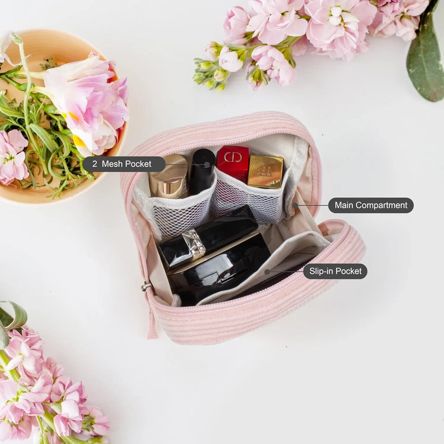 Small Makeup Bag for Women, Mini Corduroy Cosmetic Bag Zipper Cute Travel Toiletry Essentials Bag Makeup Pouch for Purse Makeup Organizer Bag Makeup Storage Bag for Headphones Jewelry