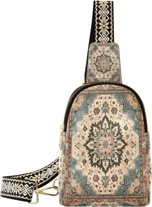 Small Sling Bag Waist Packs Leather Crossbody Packs Chest Bag Blue Bohemia for Women Travel Belt Purse