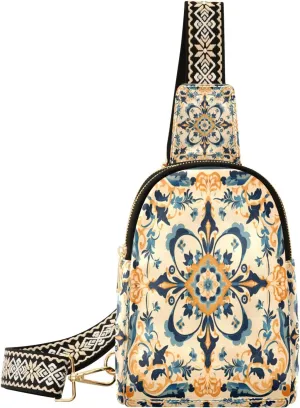 Small Sling Bag Waist Packs Leather Crossbody Packs Chest Bag Blue Flower Bohemia for Women Travel Belt Purse