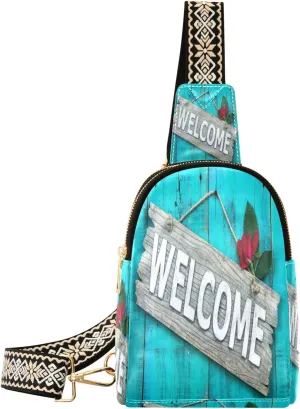 Small Sling Bag Waist Packs Leather Crossbody Packs Chest Bag Blue Wood Door for Women Travel Belt Purse