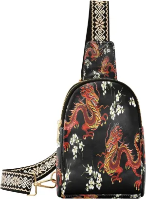 Small Sling Bag Waist Packs Leather Crossbody Packs Chest Bag Chinese Dragons for Women Travel Belt Purse