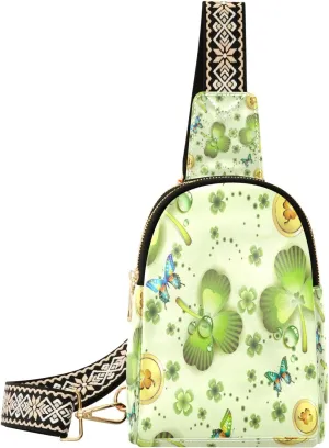Small Sling Bag Waist Packs Leather Crossbody Packs Chest Bag Clover and Butterflies for Women Travel Belt Purse