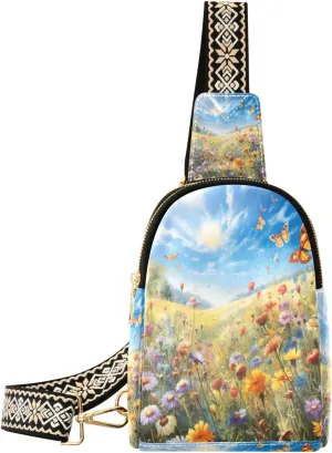 Small Sling Bag Waist Packs Leather Crossbody Packs Chest Bag Colorful Butterfly for Women Travel Belt Purse
