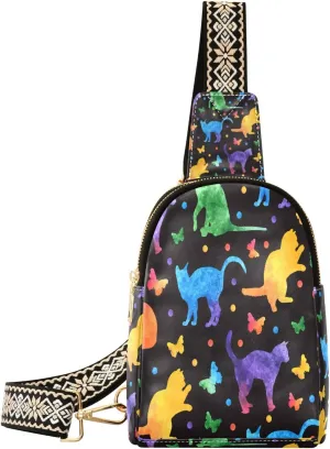 Small Sling Bag Waist Packs Leather Crossbody Packs Chest Bag Colorful Cats for Women Travel Belt Purse