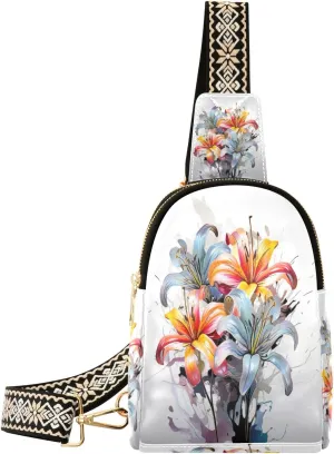 Small Sling Bag Waist Packs Leather Crossbody Packs Chest Bag Colorful Painting Flower for Women Travel Belt Purse