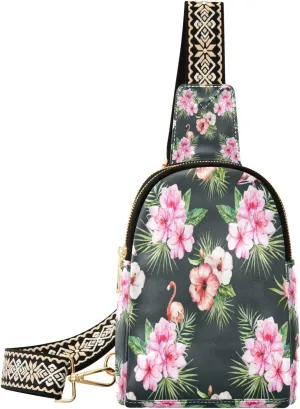 Small Sling Bag Waist Packs Leather Crossbody Packs Chest Bag Flamingos Flower for Women Travel Belt Purse