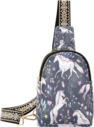 Small Sling Bag Waist Packs Leather Crossbody Packs Chest Bag Floral White Uniorn for Women Travel Belt Purse