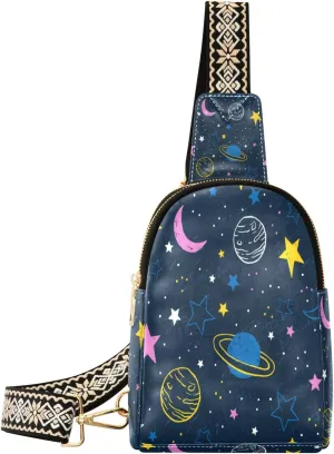 Small Sling Bag Waist Packs Leather Crossbody Packs Chest Bag Galaxy Moon Star Planet for Women Travel Belt Purse