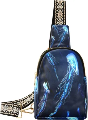 Small Sling Bag Waist Packs Leather Crossbody Packs Chest Bag Glowing Jellyfish for Women Travel Belt Purse