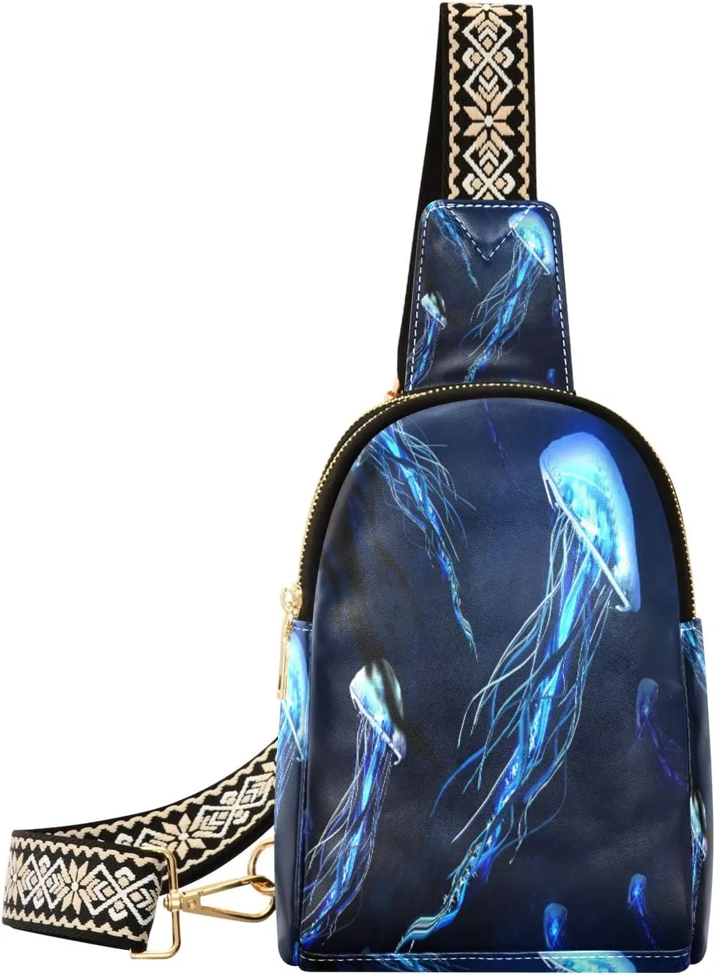 Small Sling Bag Waist Packs Leather Crossbody Packs Chest Bag Glowing Jellyfish for Women Travel Belt Purse