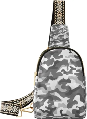 Small Sling Bag Waist Packs Leather Crossbody Packs Chest Bag Gray Military Camouflage Camo for Women Travel Belt Purse
