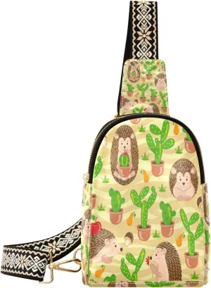 Small Sling Bag Waist Packs Leather Crossbody Packs Chest Bag Hedgehog Cuctus for Women Travel Belt Purse