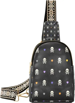 Small Sling Bag Waist Packs Leather Crossbody Packs Chest Bag Love Heart Skull for Women Travel Belt Purse