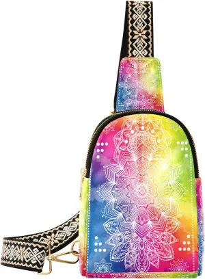 Small Sling Bag Waist Packs Leather Crossbody Packs Chest Bag Mandala Rainbow Lotus for Women Travel Belt Purse