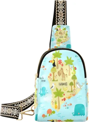 Small Sling Bag Waist Packs Leather Crossbody Packs Chest Bag Map Of Hawaii for Women Travel Belt Purse