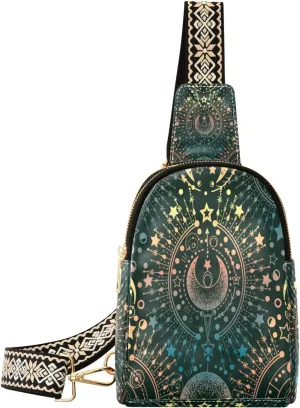 Small Sling Bag Waist Packs Leather Crossbody Packs Chest Bag Moon Sun Star Alchemy Magical for Women Travel Belt Purse